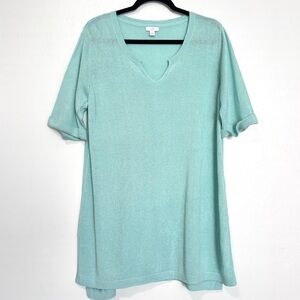 J Jill Tunic Shirt Women Large Teal Linen Blend Split Neck Beach Vacation Pastel